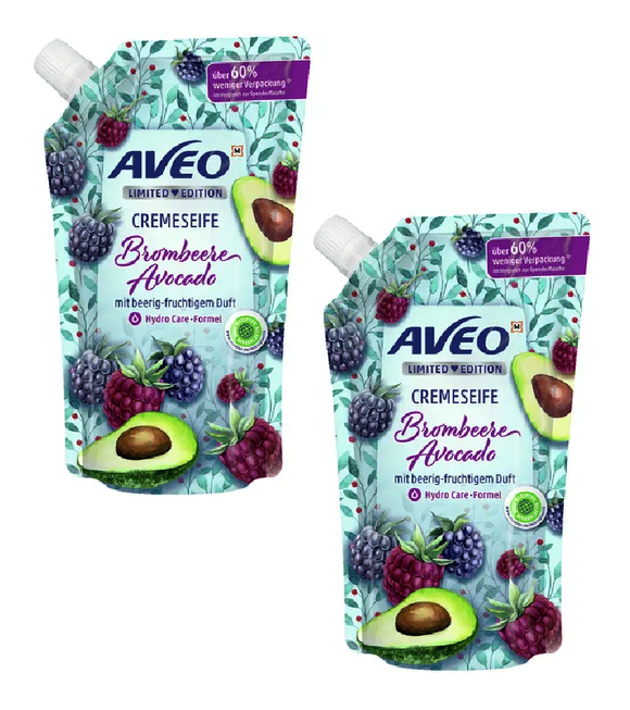 2xPack AVEO Cream Soap Avocado & Berries Refill Bag - 1000 ml