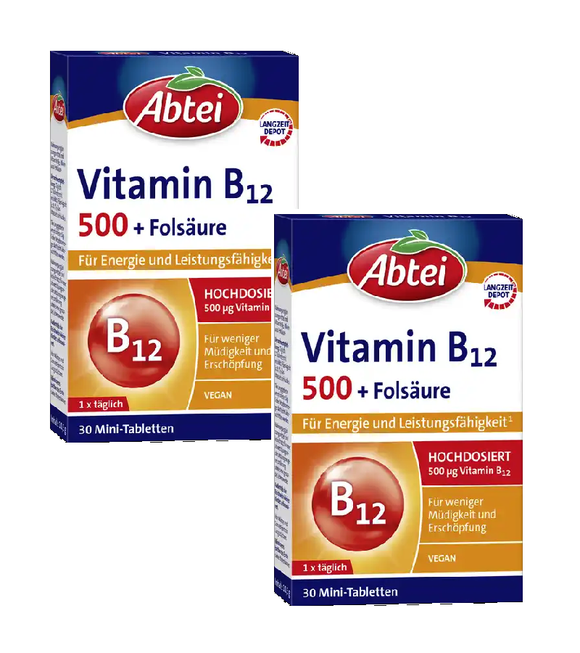 2xPack ABTEI Vitamin B12 500 + Folic Acid Mini Tablets - 60 Pcs