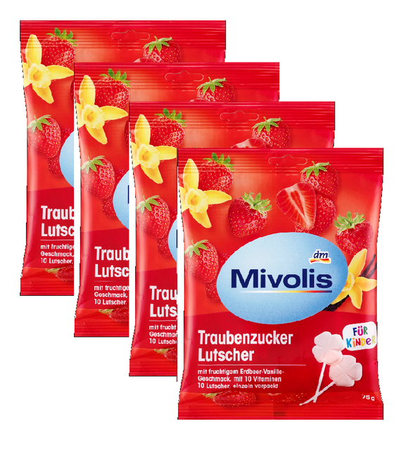 4xPack Mivolis Glucose Lollipops, Strawberry Vanilla - 300 g