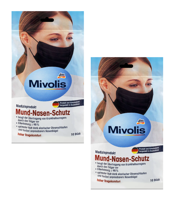2xPack Mivolis Medical Face Mask for Adults Black - 20 Pcs