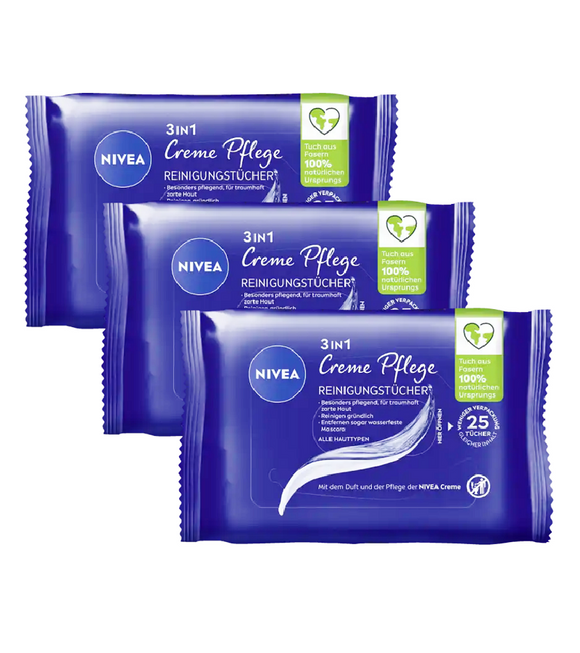 3xPack Nivea 3in1 Cream Care Cleaning Wipes - 75 Pcs