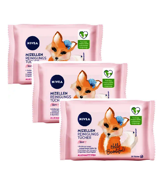 3xPack Nivea Micellar Cleaning Wipes 3in1 Hey Pretty! - 75 Pcs