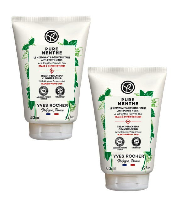 2xPack Yves Rocher Pure Menthe 3 in 1 Cleansing Peeling Anti-Blackhead Cream - 250 ml