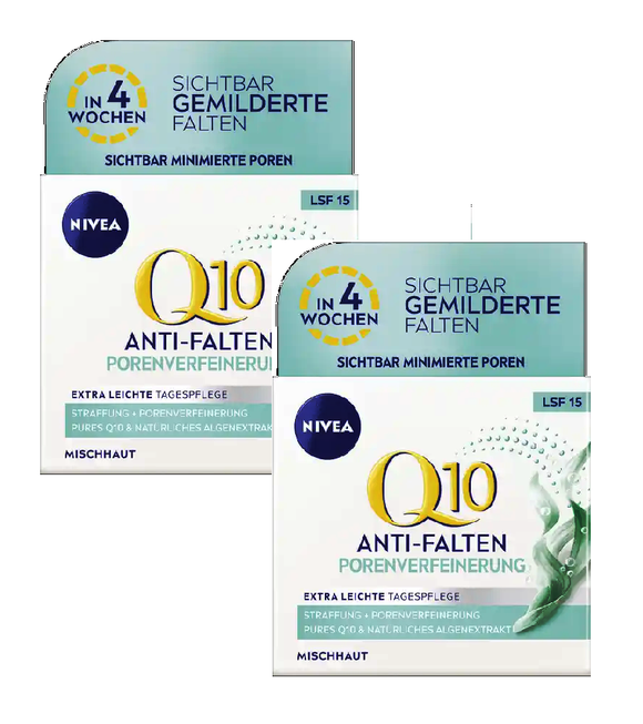 2xPacks NIVEA Q10 Power Anti-wrinkle + Pore Refinement Day Care Cream SPF 15 - 100 ml