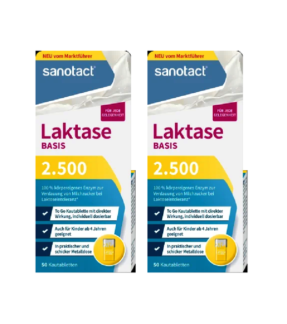 2xPack Sanotact Lactase Base 2500 Chewable Tablets - 100 Mini Tablets