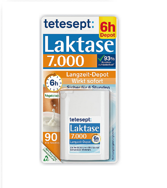 Tetesept Long-term Lactase 7,000 Dietary Supplement 6 Hour Effect - 90 mini Tablets