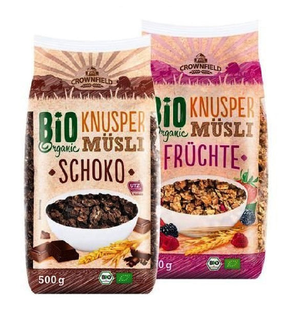 2xPack Crownfield Bio Organic Fruit and Crunchy Chocolate Museli Breakfast Cereals