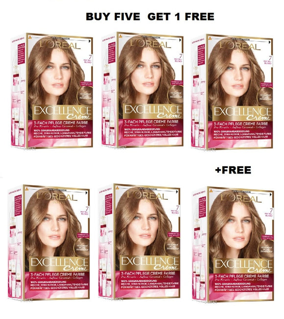 5x Pack L'Oreal Paris Excellence Cream Hair Color 7 Color Variations (7-10) +FREE pack