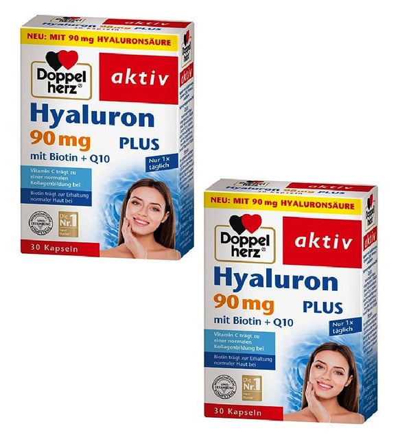 2xPack Doppelherz Active Hyaluron 90 mg Plus with Biotin + Q10 - 60 Capsules
