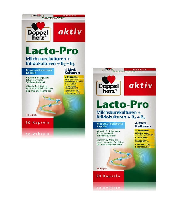 2xPack Doppelherz® Lacto-Pro with Lactic Acid Cultures + Bifidocultures + B2 + B6 - 40 pcs
