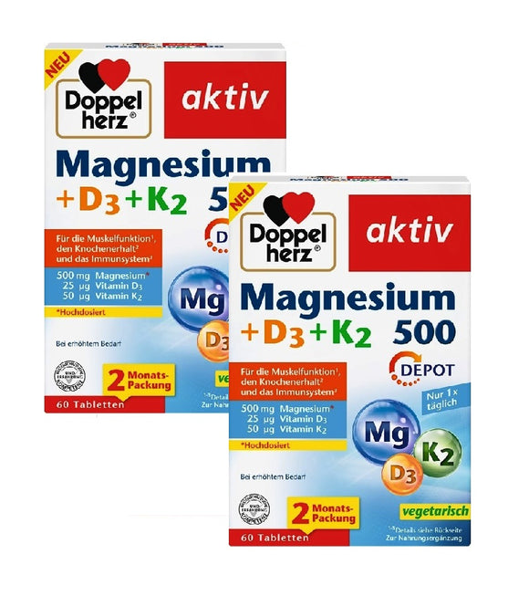2xPack Doppelherz® Magnesium 500+D3+K2 Depot Tablets  - 120 Pcs