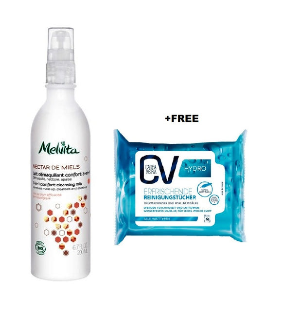 Melvita ORGANIC HONEY CLEANSING MILK - 200 ml - +FREE CV Hydro Refreshing Cleaning Wipes - 25 pieces