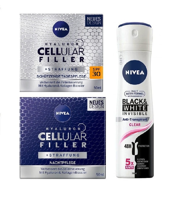 NIVEA Hyaluron Cellular Filler -Day Care Anti-Age Cream SFP 30 + Night Cream Set +FREE Nivea Black and White Clear Deodrant Spray