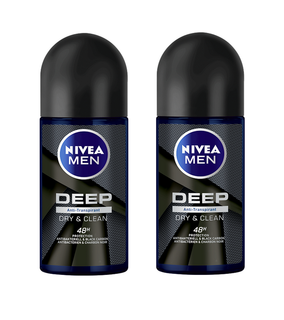 2xPack NIVEA Men DEEP DRY Deodrant ROLL ON  Anti-Transpirant Protection 48h, - 100 ml
