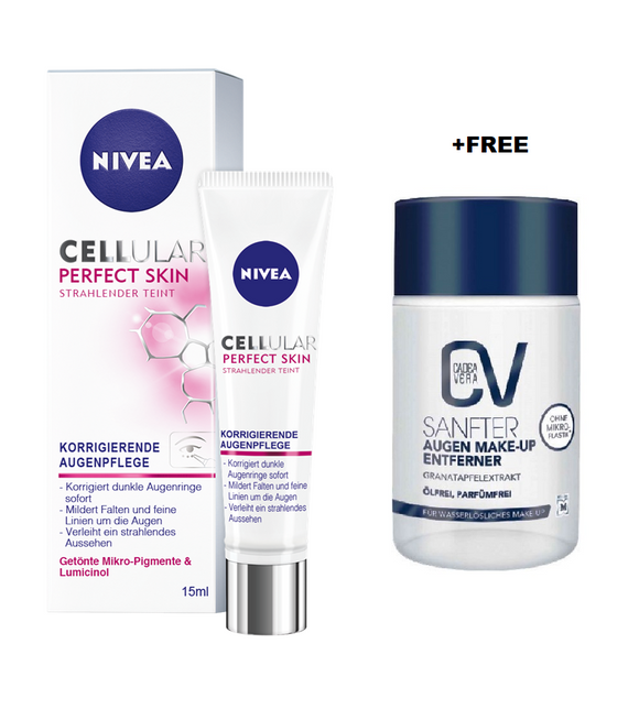 NIVEA CELLULAR Perfect Skin EYE CARE - Reduces Swelling+Radiant Skin -15 ml +FREE CV (CadeaVera) Gentle Eye Make-Up Remover - 100 ml