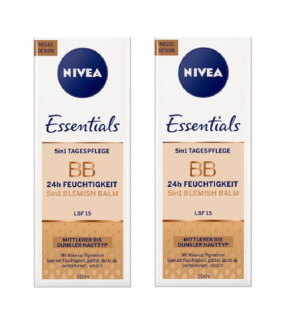 2xPack NIVEA Essentials BB 5-in-1 Day Care 50ml, SPF 15, 24 Hour Moisturizer for Medium Brown Skin
