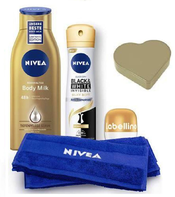 NIVEA HEART IN GOLD 5-Piece Lotions, Deodrant,Towel Heart-shaped TIN GIFT SET