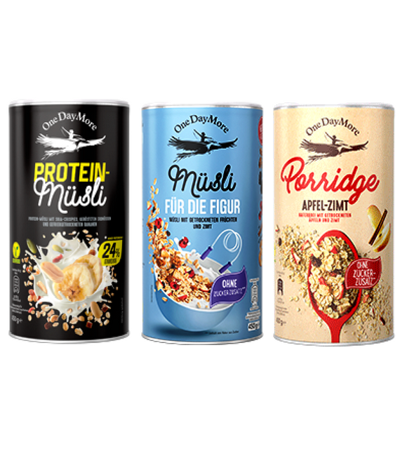 OneDayMore 3xPack Breakfast Cereal Varieties - Appel Poridge+Musli for Figure+Protein Musli - 1.35kg