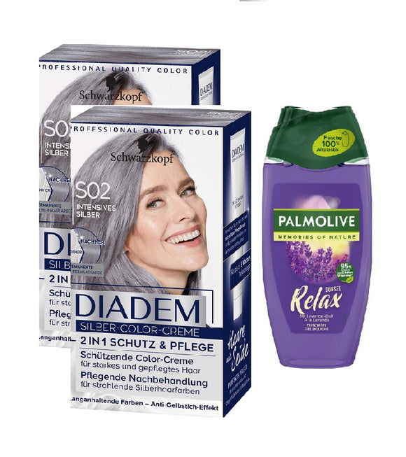 2xPack Diadem Silver Hair Color Cream S02 +FREE Palmolive Sunset Relax Memories Of Nature Lavnder Scent Shower Gel 250 ml
