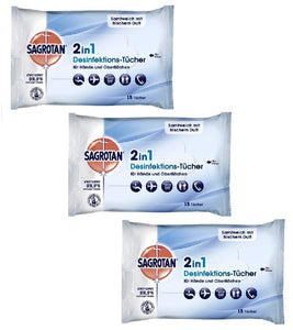 3xPack SAGROTAN 2in1 Disinfectant Wipes - 45 Pcs