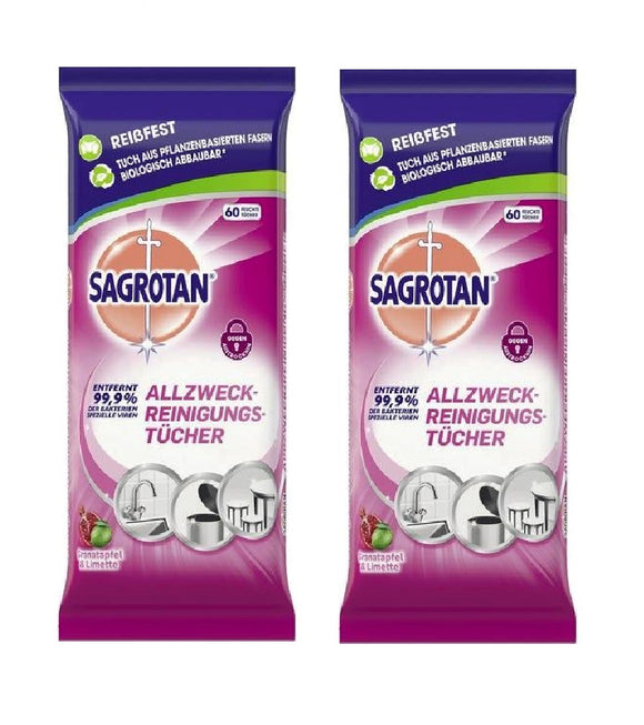 2xPacks SAGROTAN All-Purpose Cleaning and Disinfecting Wipes - Pomegranate & Lime - 120 Pcs