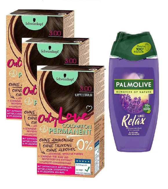 3xPack Schwarzkopf Only Love Coloration Hair Color 300 Coffee Brown +FREE Palmolive Relax Lavender Shower Gel 250 ml