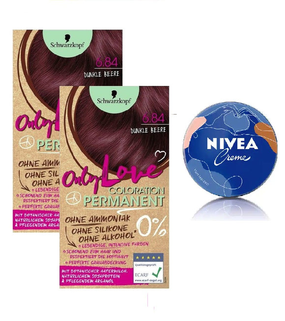 2xPack Schwarzkopf Only Love Coloration Hair Color 6.84 Dark Berry True Red +FREE Nivea Cream 75 ml