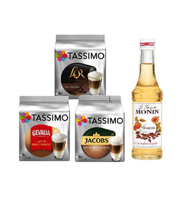 Tassimo® meets Monin® Set 02: Latte Macchiato from Jacobs+Gevalia+L'OR - 3 Varieties+1 Bottle of Monin Amaretto Syrup 250ml
