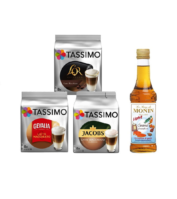 Tassimo® meets Monin® Set 04: Latte Macchiato from Jacobs+Gevalia+L'OR - 3 Varieties+1 Bottle of Monin Caramel Light Syrup 250ml