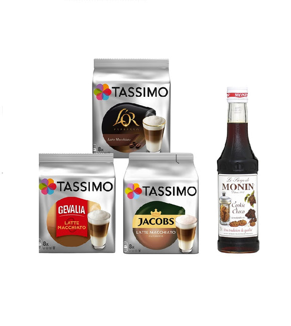 Tassimo® meets Monin® Set 05: Latte Macchiato from Jacobs+Gevalia+L'OR - 3 Varieties+1 Bottle of Monin Cookie Choco Syrup 250ml