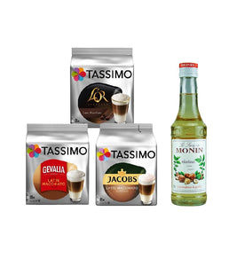 Tassimo® meets Monin® Set 06: Latte Macchiato from Jacobs+Gevalia+L'OR - 3 Varieties+1 Bottle of Monin Hazelnut Syrup 250ml 250ml