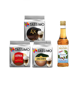 Tassimo® meets Monin® Set 07: Latte Macchiato from Jacobs+Gevalia+L'OR - 3 Varieties+1 Bottle of Monin Hazelnut Light Syrup 250ml