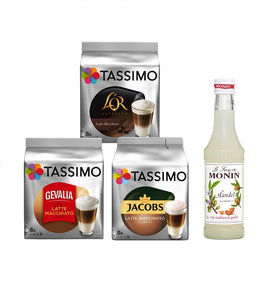 Tassimo® meets Monin® Set 08: Latte Macchiato from Jacobs+Gevalia+L'OR - 3 Varieties+1 Bottle of Monin Almond  Syrup 250ml