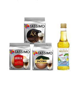 Tassimo® meets Monin® Set 09: Latte Macchiato from Jacobs+Gevalia+L'OR - 3 Varieties+1 Bottle of Monin Vanila Light Syrup 250ml