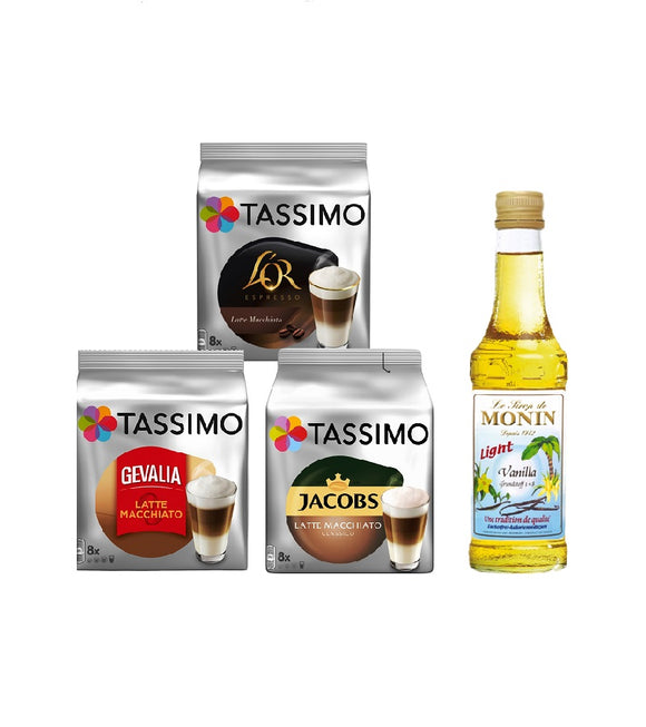 Tassimo® meets Monin® Set 09: Latte Macchiato from Jacobs+Gevalia+L'OR - 3 Varieties+1 Bottle of Monin Vanila Light Syrup 250ml