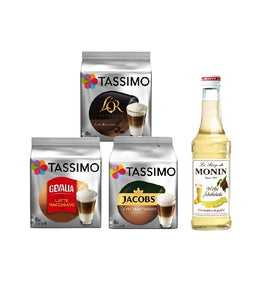 Tassimo® meets Monin® Set 10: Latte Macchiato from Jacobs+Gevalia+L'OR - 3 Varieties+1 Bottle of Monin White Chocolate Syrup 250ml