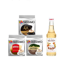 Tassimo® meets Monin® Set 12: Cappuccino from Jacobs+Gevalia+L'OR - 3 Varieties+1 Bottle of Monin Amaretto Syrupl 250ml