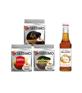 Tassimo® meets Monin® Set 13: Cappuccino from Jacobs+Gevalia+L'OR - 3 Varieties+1 Bottle of Monin Caramel Syrupl 250ml