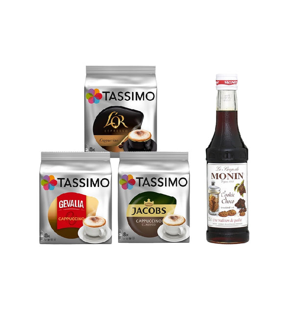 Tassimo® meets Monin® Set 15: Cappuccino from Jacobs+Gevalia+L'OR - 3 Varieties+1 Bottle of Monin  Cookie Choco Syrup 250ml