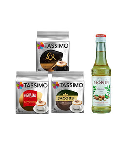 Tassimo® meets Monin® Set 16: Cappuccino from Jacobs+Gevalia+L'OR - 3 Varieties+1 Bottle of Monin Hazelnut Syrup 250ml