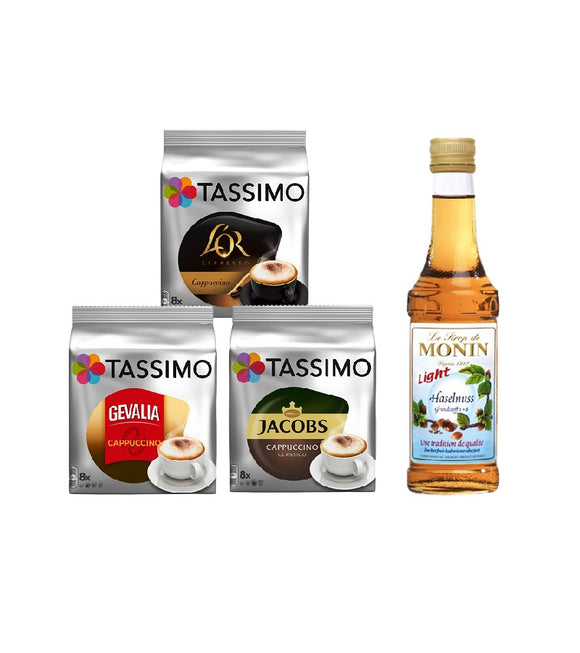 Tassimo® meets Monin® Set 17: Cappuccino from Jacobs+Gevalia+L'OR - 3 Varieties+1 Bottle of Monin Hazelnut Light Syrup 250ml
