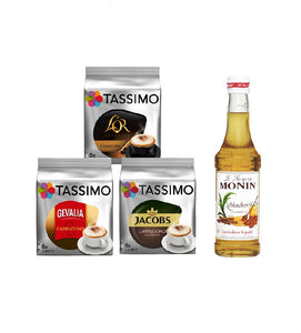 Tassimo® meets Monin® Set 18: Cappuccino from Jacobs+Gevalia+L'OR - 3 Varieties+1 Bottle of Monin Gingerbread Syrup 250ml
