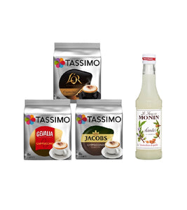Tassimo® meets Monin® Set 19: Cappuccino from Jacobs+Gevalia+L'OR - 3 Varieties+1 Bottle of Monin Almond Syrup 250ml