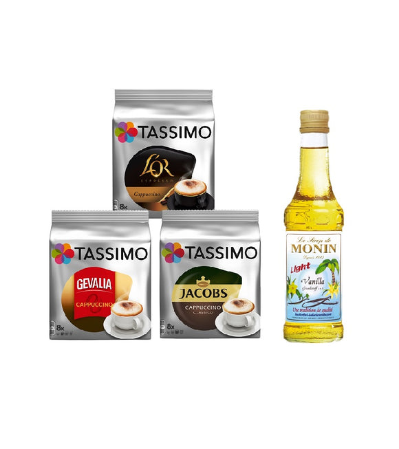 Tassimo® meets Monin® Set 20: Cappuccino from Jacobs+Gevalia+L'OR - 3 Varieties+1 Bottle of Monin Vanilla Light Syrup 250ml