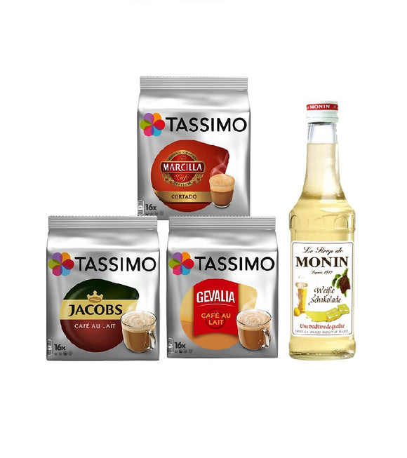 Tassimo® meets Monin® Set 21: Cappuccino from Jacobs+Gevalia+L'OR - 3 Varieties+1 Bottle of Monin White Chocolate Syrup 250ml