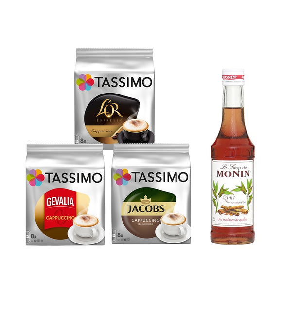 Tassimo® meets Monin® Set 22: Cappuccino from Jacobs+Gevalia+L'OR - 3 Varieties+1 Bottle of Monin Cinnamon Syrup 250ml