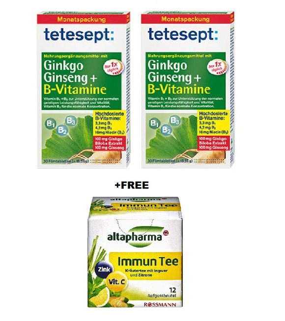 2xPack Tetesept Ginkgo Ginseng + B Vitamins (60 Tablets) +FREE Altpharma Immune Tea -12 bags