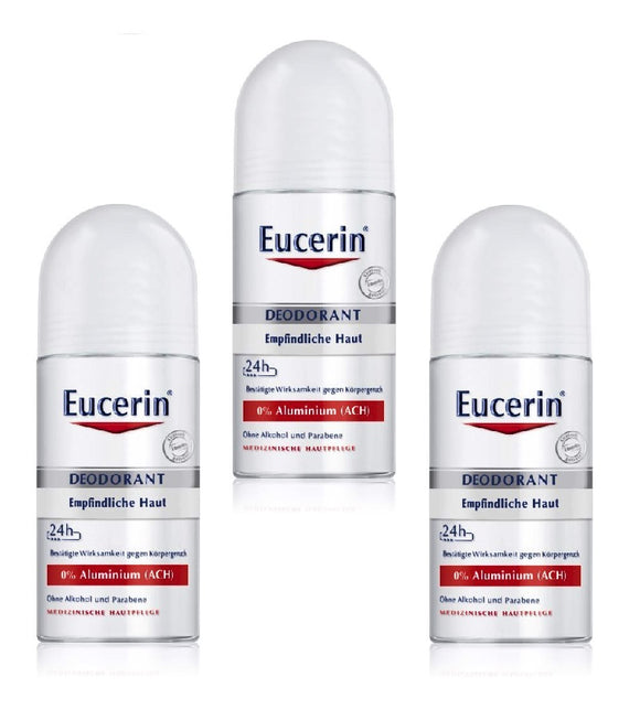 3xPack Eucerin 24h Antiperspirant Deodrant Roll On 0% Aluminum for Sensitive Skin - 150 ml