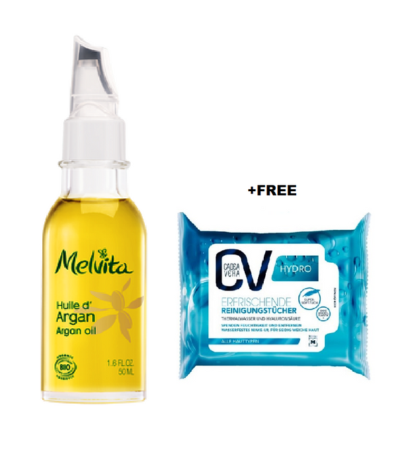 MELVITA Organic Argan Face & Beauty Oil - 50 ml +FREE CV Hydro Refreshing Cleaning Wipes - 25 pieces