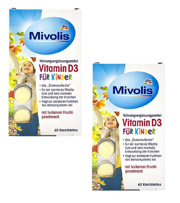 2xPacks Mivolis Vitamin D3 Chewable Tablets for Kids - 120 Pcs